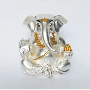 CHURU SILVERWARE Ceramic Matte Silver Plated Appu Ganesha for Car Dashboard Showpiece Diwali Gifts Birthday Gifts (Silver 5x4)