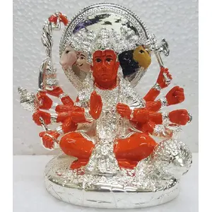 CHURU SILVERWARE Silver Plated Panchmukhi Hanuman Idol with Enamel Work 10x9x7cm (Silver and Orange)