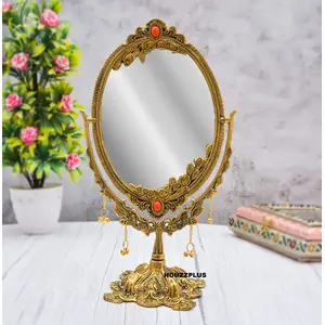 CHURU SILVERWARE Aluminium Frame Antique Look Double-Sided Vanity Mirror with Stand (Gold) (Tabletop Mount Oval framed)