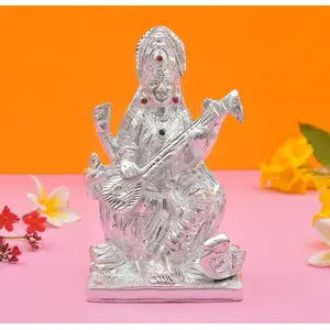 CHURU SILVERWARE Handicraft Maa Saraswati Metal StatueHindu Goddess Saraswati ji Murti for PoojaMeditationOfficeHomeStudy Table Decorative