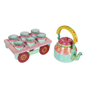 CHURU SILVERWARE Roseate Kettle Set IV with 6 Glasses & Holder Handicraft Decorative Tea Coffee Set