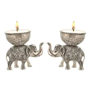 CHURU SILVERWARE Handicraft Antique Elephant T Light Candle Holder Set of 2 Aluminium