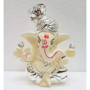 CHURU SILVERWARE Ceramic Car Dashboard Ganesha Idol 3 inches Silver Chandan