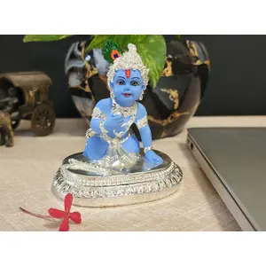 CHURU SILVERWARE Ceramic Krishna Idol 8x8x8cm Silver and Blue