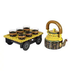 CHURU SILVERWARE Royale Kettle Set Iii With 6 Glasses & Holder Handicraft Decorative Tea Coffee Set 1000 milliliter