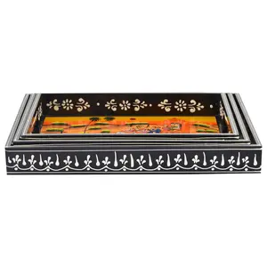CHURU SILVERWARE Handcrafted Set of 3 Multicolor Wooden Tray Set - Table D'cor and Utility Article