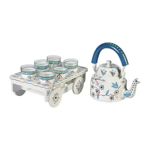 CHURU SILVERWARE Blossom Kettle Set I with 6 Glasses & Holder Handicraft Decorative Tea Coffee Set