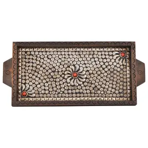 CHURU SILVERWARE Handcrafted Wooden Tray Serving Tray for Utility and Table Deco -31 cm x 17 cm x 2.5 cm Brown and Gold