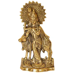 CHURU SILVERWARE Handicraft Lord Krishna Idol for Home Decor & Temple (12 cm x 5 cm x 24 cm Gold GH488)