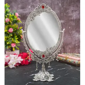 CHURU SILVERWARE Handicraft Aluminium Frame Antique Look Double-Sided Vanity Mirror with Stand