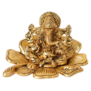CHURU SILVERWARE Handicraft Lord Ganesha Idol on Flower (12 cm x 9 cm x 10 cm Gold GH491)