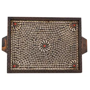 CHURU SILVERWARE Handicraft Handcrafted Brown Wooden Tray Serving Tray for Utility and Table Deco- 31 cm x 24 cm x 2.5 cm Brown and Gold