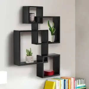 ONLINE COLLECTION Wooden Intersecting Floating Wall Shelves/Rack Shelf/Kitchen Rack/Pot Stand for Living Room & Bedroom Set of 4 (Black)