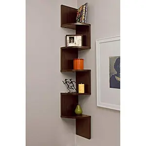 WROUGHT IRON CRAFTS Engineered Wood Wall Shelf Corner Shelf Zigzag Corner Shelf for Living Room Kitchen Office-Brown