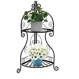 WROUGHT IRON CRAFTS Plant Stand for Indoor Floor Flower Pot Plant Holder Indoor Flower Rack Display for Flower Pot Metal Garden Container Corner Round Supports Rack Set of 1 Black (2 Tier)
