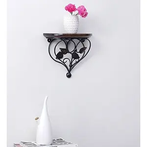 WROUGHT IRON CRAFTS Wall Mounted Wooden & Wrought Iron Wall Bracket Shelf Leaf Design Wall Shelf for Home and Office