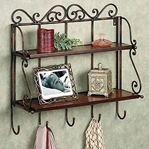 WROUGHT IRON CRAFTS Wall Shelf with 2 Shelf and Cloth Hanger Wall Bracket for Living Room Office Wall