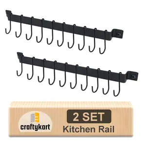 WROUGHT IRON CRAFTS Utensil Holder Kitchen Rail with 10 Hooks Kitchen Pots Pans Organizer Hanger Wall Mounted Wrought Iron Hanging Utensil Holder Rack Black 17 Inch (Set of 2