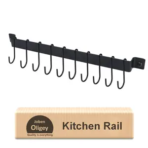 Utensil Holder Kitchen Rail with 10 Hooks Kitchen Pots Pans Organizer Hanger Wall Mounted Wrought Iron Hanging Utensil Holder Rack with Black 17 Inch for Coffee Mug Rack Cup Hanging Kitchen