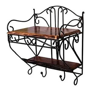 WROUGHT IRON CRAFTS Wooden and Wrought Iron Set Top Box Wall Shelf/Stand Wood Multipurpose Holder for Cable WiFi Router Wall Mounted RackDouble Shelves