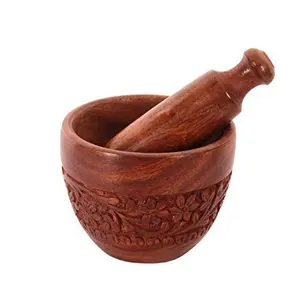 WROUGHT IRON CRAFTS Brown Wooden Kitchen Tool Set (Wood Carved Pestle and Mortar)