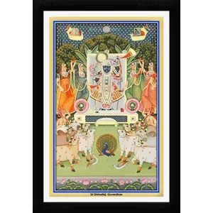 PICHWAI- PAINTED TEMPLE HANGING Shrinathji with Cows & Gopis Pichwai Painting Framed Size 13.5X19.5 Inches