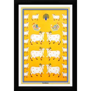 PICHWAI- PAINTED TEMPLE HANGING Kamdhenu Cow Pichwai Painting Framed Size 13.5X19.5 Inches