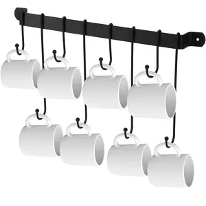 WROUGHT IRON CRAFTS Wall Mounted Wrought Iron Tea Coffee Cup Mug Stand with 8 Hooks Color Black