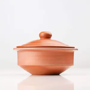 TERRACOTTA POTTERY OF RAJASTHAN Unglazed Earthen Dahi Handi/Curd Pot/Clay Pot With Lid Also For Serving(With Natural White Firing Shade&Mirror Shine)&Free Ash For Cleaning(Round-1.3Ltr)(Clay/Terracotta)1.3 Liter
