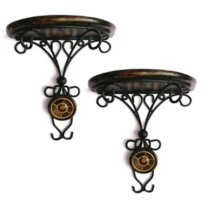WROUGHT IRON CRAFTS Wall Mounted Wooden and Wrought Iron Wall Bracket Shelf Decor for Living Room Photo Frame Flower Pot WiFi- Home and Office (Combo)