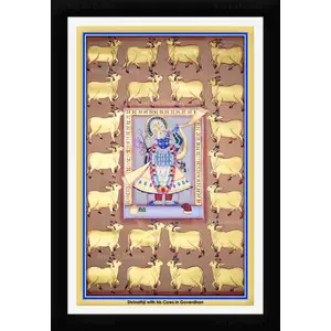 PICHWAI- PAINTED TEMPLE HANGING Shrinathji with Cows in Goverdhan Pichwai Painting Framed Size 13.5X19.5 Inches