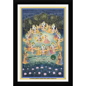 PICHWAI- PAINTED TEMPLE HANGING Radha & Krishna perform Raas Leela at Night Pichwai Painting Framed Size 13.5X19.5 Inches