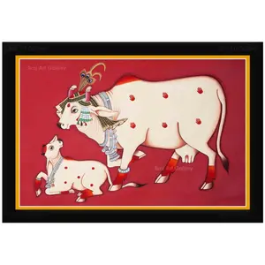 PICHWAI- PAINTED TEMPLE HANGING Pichwai Painting Kamdhenu Cow with Calf Photo Frame Size 19.5X13.5 Inches