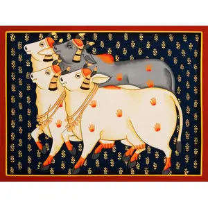 PICHWAI- PAINTED TEMPLE HANGING Large Pichwai Painting Print Kamdhenu Cows roaming in Wheat Farm Size 24X32 Inches