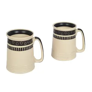 TERRACOTTA POTTERY OF RAJASTHAN Studio Pottery Ceramic Off-White & Black Printed Beer Mugs (Set of 2)