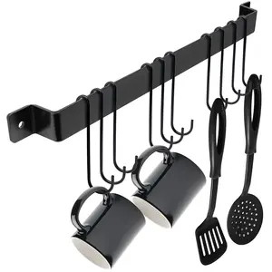 WROUGHT IRON CRAFTS Kitchen Pot And Pan Hanger Rail Bar Rack Wall Mounted 17 Inch with 10 Hooks Utensil & Cookware hangers Industrial Farmhouse Style Black Wrought Iron