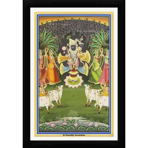 PICHWAI- PAINTED TEMPLE HANGING Shrinathji Darshan in Goverdhan Pichwai Painting Framed Size 13.5X19.5 Inches