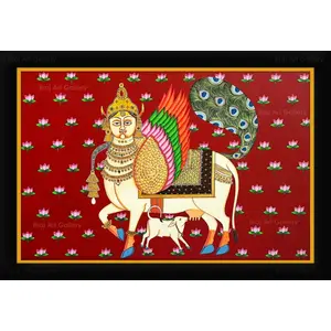 PICHWAI- PAINTED TEMPLE HANGING Pichwai Painting Vedic Kamdhenu with Calf Photo Frame Size 19.5X13.5 Inches