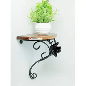 WROUGHT IRON CRAFTS Wall Mounted Wooden and Wrought Iron Wall Bracket Shelf for Living Room Photo Frame Flower Pot WiFi- Home and Office (Rose Bracket)