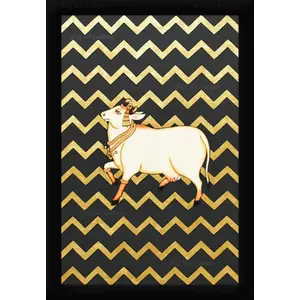PICHWAI- PAINTED TEMPLE HANGING Pichwai Painting Kamdhenu Cow Retro Gold Photo Frame Size 13.5X19.5 Inches