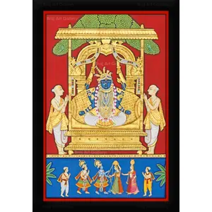 PICHWAI- PAINTED TEMPLE HANGING Pichwai Painting Dwarkadhish Maharaj with Goswamis Photo Frame Size 13.5X19.5 Inches
