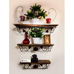 WROUGHT IRON CRAFTS Wooden Iron Floating Wall Shelf/Shelves for Living Room | Brown | Set of 3