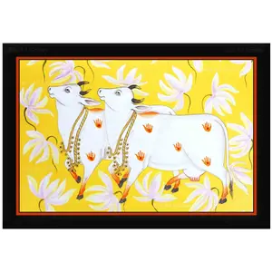 PICHWAI- PAINTED TEMPLE HANGING Pichwai Painting Two Kamdhenu Cows Photo Frame Size 19.5X13.5 Inches