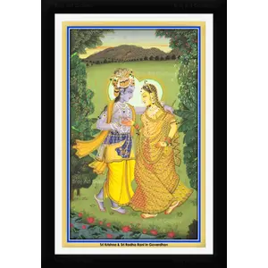 PICHWAI- PAINTED TEMPLE HANGING Radha & Krishna in Goverdhan Pichwai Painting Framed Size 13.5X19.5 Inches