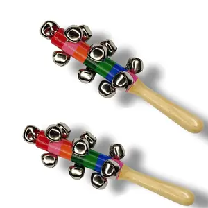 WROUGHT IRON CRAFTS colorful wooden rainbow handle jingle bell rattle toys pack of 2 rattle- Multi color