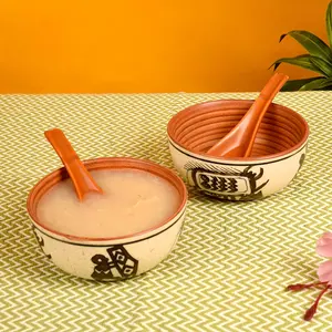 TERRACOTTA POTTERY OF RAJASTHAN Haind Painted Ceramic Off-White Soup Bowl with Spoon (Set of 2)