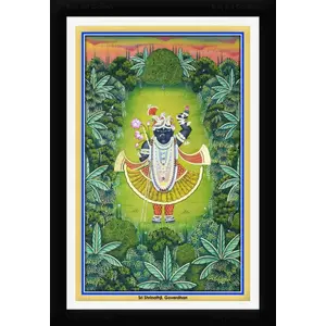 PICHWAI- PAINTED TEMPLE HANGING Shrinathji Appearance in Goverdhan Forest Pichwai Painting Framed Size 13.5X19.5 Inches