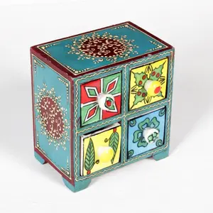 HANDPAINTED WOODEN DRAWER CHEST 4-Drawer Wooden Chest with Ceramic Drawers