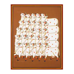 PICHWAI- PAINTED TEMPLE HANGING Large Pichwai Painting Print Herd of Kamdhenu Cows in Goverdhan Size 24X30 Inches