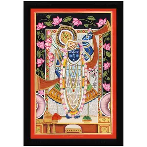 PICHWAI- PAINTED TEMPLE HANGING Pichwai Painting Shrinathji Lotus Shringar Darshan Photo Frame Size 13.5X19.5 Inches